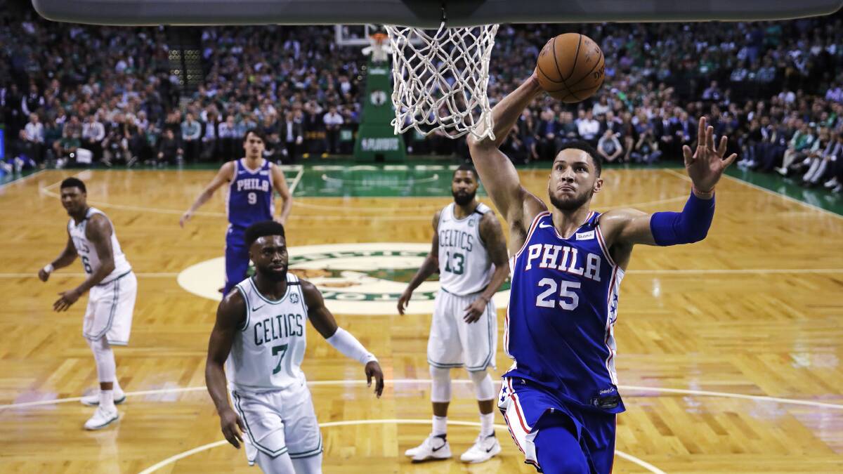 IN ACTION: Simmons lines up a dunk in the first quarter of Game 5 against the Celtics in the eastern conference semi-finals. Picture: AP 