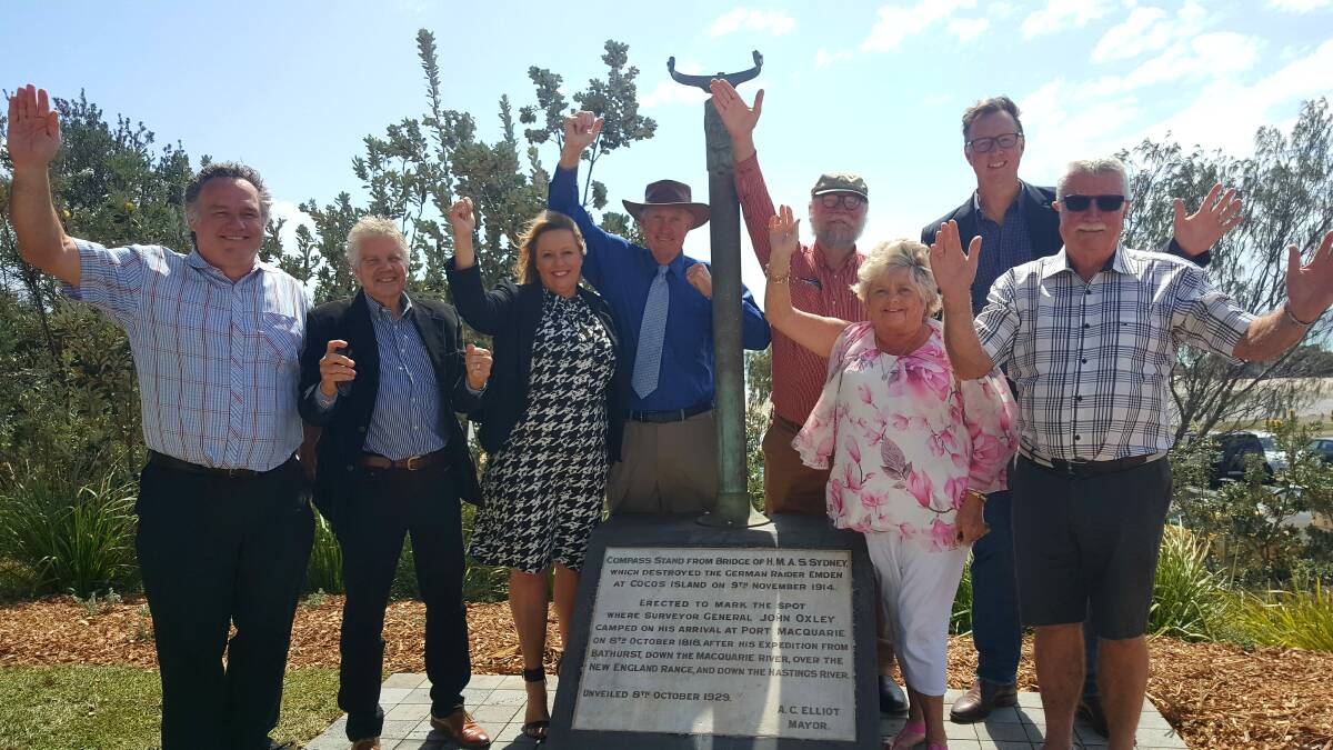 CELEBRATIONS BEGIN: Cr Peter Alley, Cr Geoff Hawkins, mayor Peta Pinson, Chris Denny, Glenn Dick, Janet Hyde, Cr Rob Turner and Jeff Gilespie at the reopening of the John Oxley memorial. Photo: Laura Telford. 