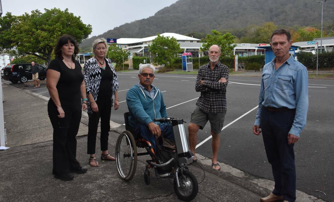 Community voice: Naomi Dowse-Collyer, Rachel Goughan, Mike Ipsen, Mike Dodkin and Harold Hunt protested the change in location for the pedestrian crossing. PHOTO: Laura Telford.