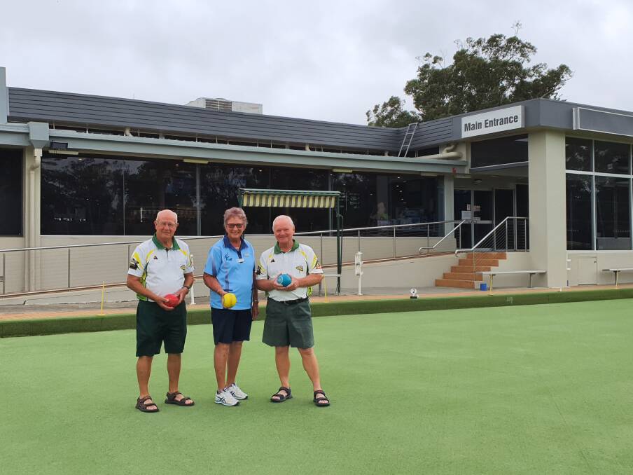 TOGETHER: Col Palmer, Joy Allen and Ted Brain on the bowling green at Club North Haven. PHOTO: Laura Telford. 