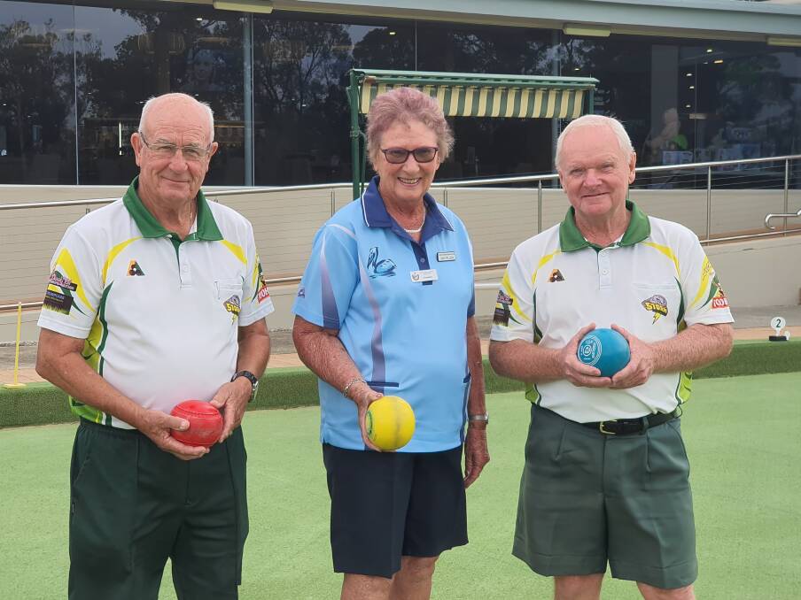 GOOD DAY: North Haven Men's Bowling Club secretary Col Palmer and president Ted Brain with North Haven Women's Bowling Club president Joy Allen. PHOTO: Laura Telford. 