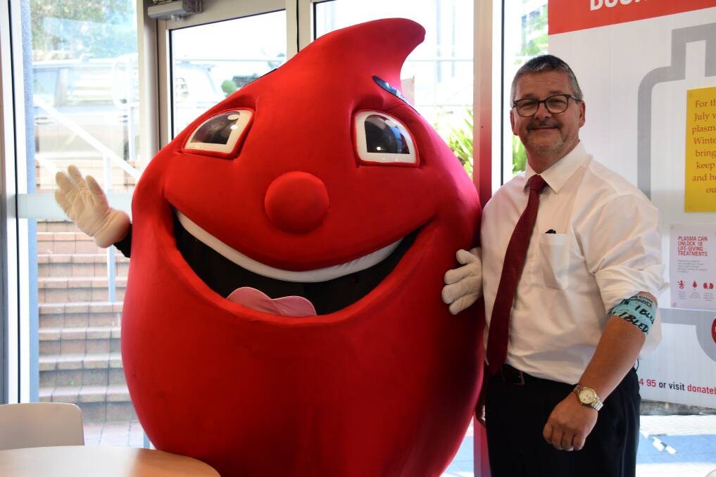 BLOOD DRIVE: Port Macquarie-Hastings Council general manager Craig Swift-McNair with Billy the blood drop after his donation. PHOTO: Laura Telford.