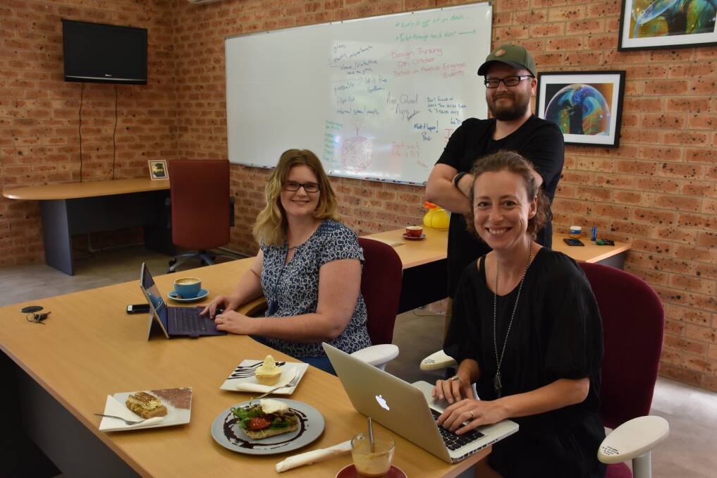 Engage Space: Robey Lawrence, Jen Lloyd and Ana Martin enjoy working at the space and ordering coffee and cake from the cafe.
