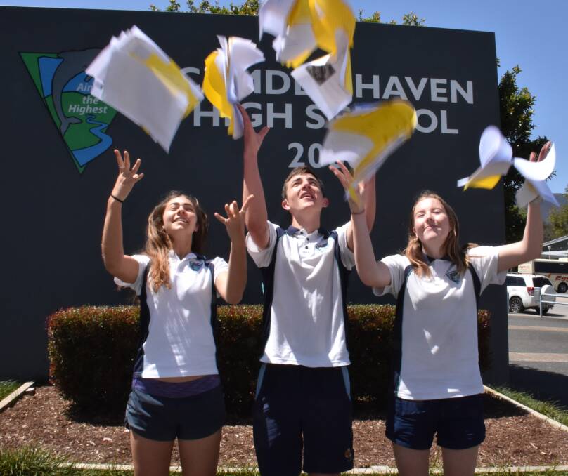 Ready to go: The hard study is done and Mia Windred, Tyrone Marshall and Natalie
Middleton are ready to sit their Higher School Certificate (HSC). 