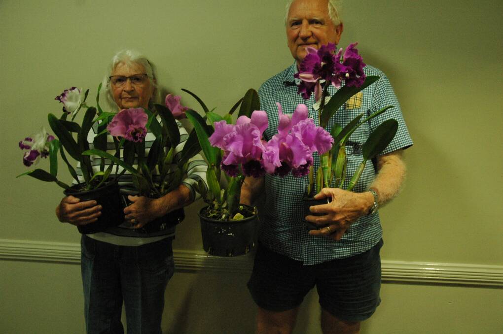 Society members Dot Hume and Wayne Stephensen with example of blooms to be displayed at the show. Photo: supplied. 