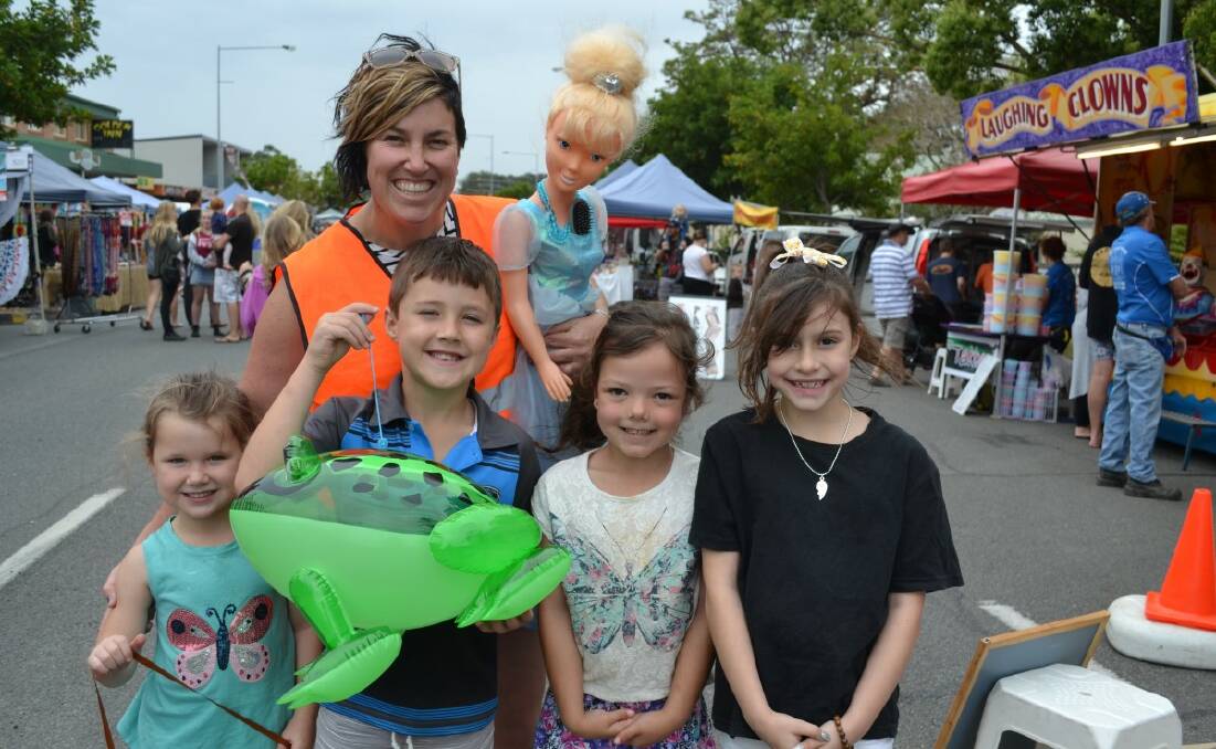 Great day out: Laurieton Public School P&C president Amy Moore with (front) Havana Moore, Darby Moore, Annalise Martin and Caitlyn Cooper were at the Laurieton Street Market on October 2, 2017. 