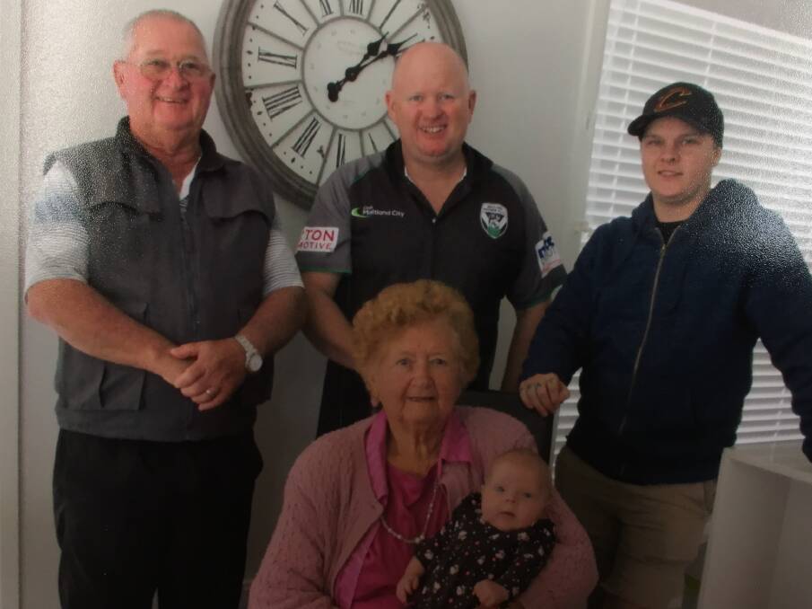 All together: Daryle (69-years-old),  Shane (42-years-old), Jacob (20-years-old) with Joan (92-years-old) and Jade-June Barr (three months). Photo: supplied. 
