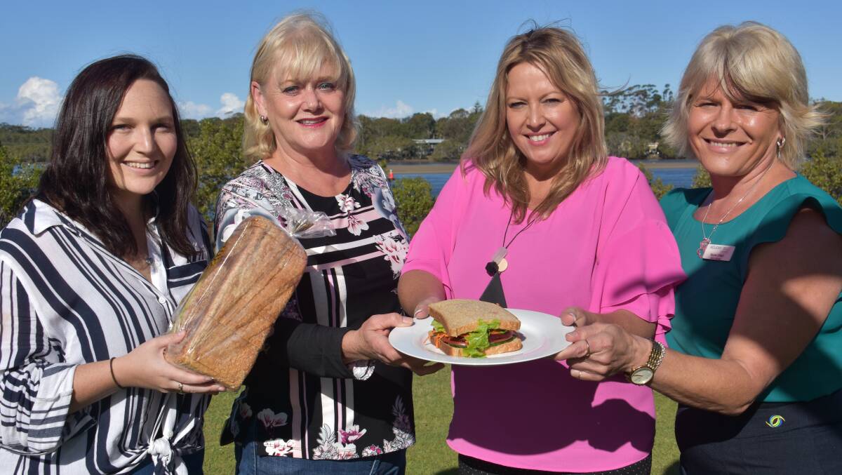 Ready for sandwich comp: Rach Hart from Hit FM,  Camden Haven Chamber of Commerce president Sue East, Mayor Peta Pinson and Rachel O’Neill from Holiday Coast Credit Union.