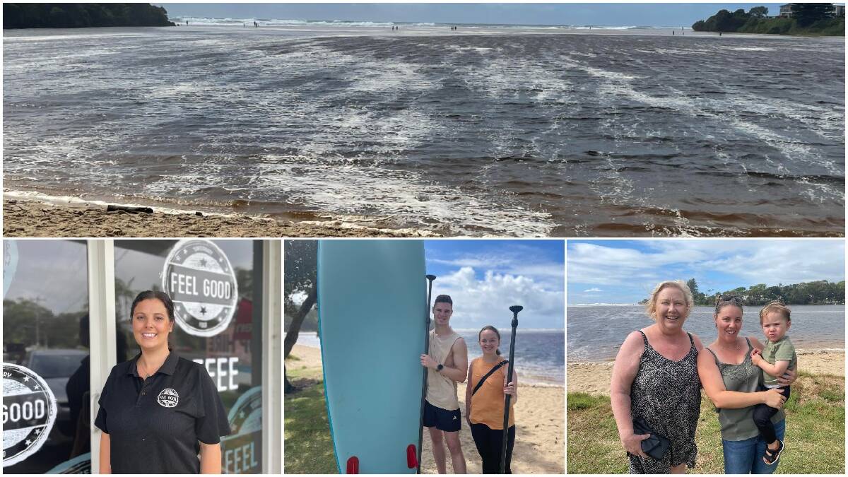 Lake Cathie impacted by the king tide (top), Feel Good Food manager Misty Kelly (bottom left), Wagga visitors Bailey McKay with Chloe Cochrane (middle), Lake Cathie resident Carol Perry with Amanda Gazzard and Nate Gazzard. 
