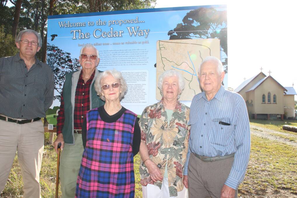 Herons Creek Heritage & Tourist Trails: Martin Parish, Bill Boyd OAM, Betty Boyd, Daphne Latham and Les Latham with the new sign erected as part of stage 1 of The Cedar Way project. 