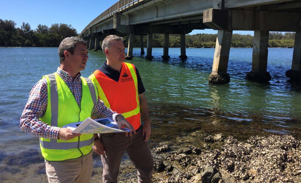 Federal Member for Lyne Dr David Gillespie and council's group manager Transport & Stormwater Network Duncan Clarke at Dunbogan Bridge in 2017. 