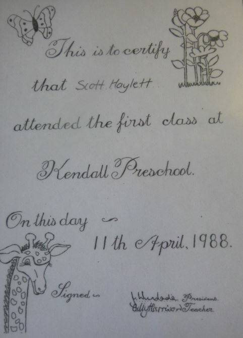 Certificate given to students from the first class of Kendall Community Preschool in 1988 