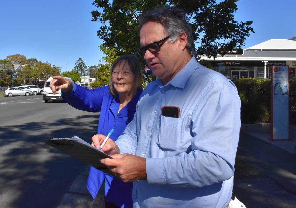 Research: Port Macquarie-Hastings Councillors Lisa Intemann and Peter Alley observe pedestrian traffic at Bold Street, Laurieton on Thursday, July 11. The crossing is on the Wednesday, July 17 council meeting agenda.