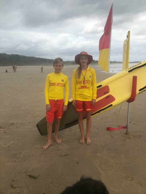 Mia Bales and Hayden Green on patrol at Rainbow Beach ready to help. It was their first patrol as being Surf Rescue Certificate qualified.  Photo:  Leanne Goggin