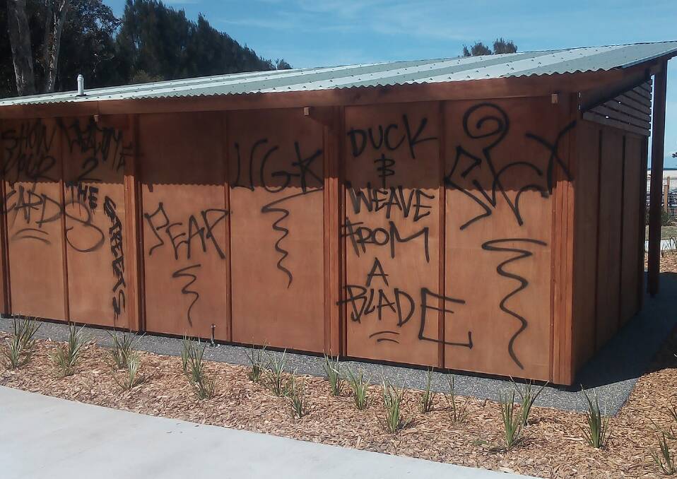 Disappointing act: The Lake Cathie amenities block was targeted by graffiti over the weekend. Photo: supplied. 