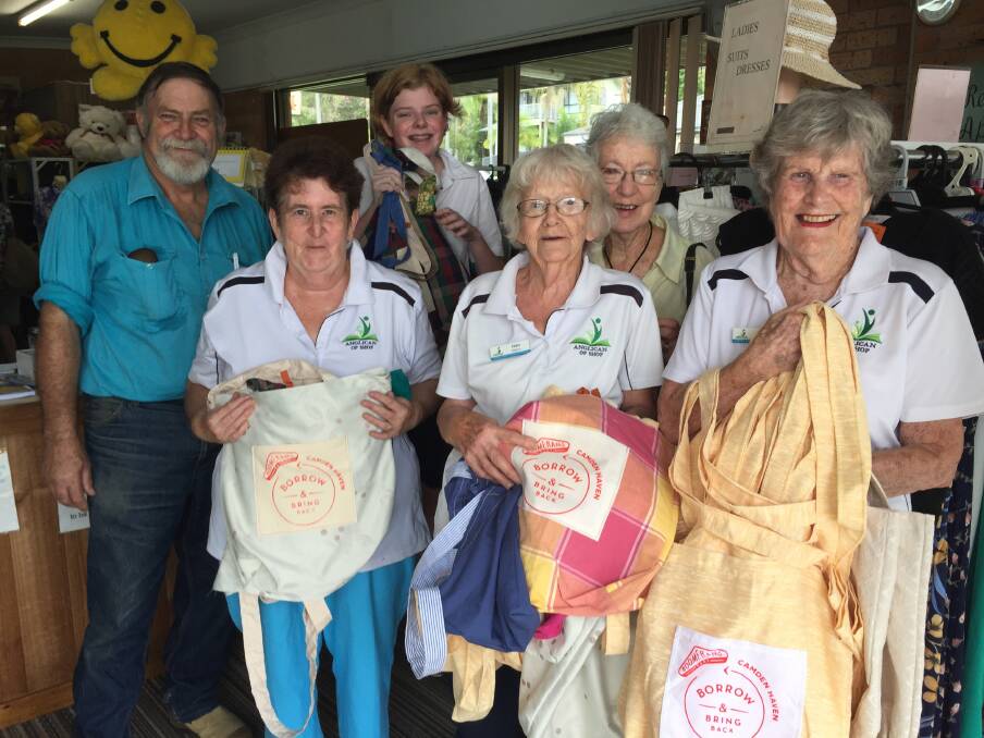 Boomerang Bags Camden Haven's Peter Nash with volunteers from the Anglican Op Shop on Seymour Street. 