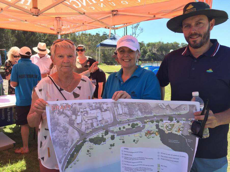 Plan presented: Lake Cathie resident Faith Buggie with Port Macquarie-Hastings Council group managers Lucilla Marshall and Liam Bulley. Faith is against a skate park being included in the plan at the Lake Cathie location. 