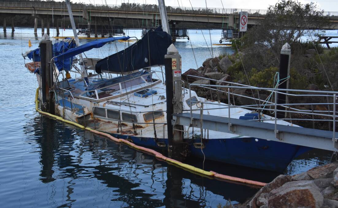 The 15 metre steel sailing boat sunk on a mooring at the Laurieton Coop on August 16. 