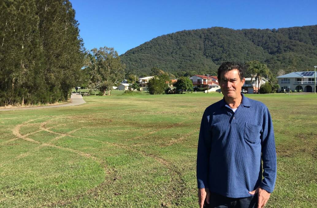 Target for vandals: Laurieton resident Jeff Loch said it's too dark at night to take note of the vehicles which are causing the damage to Bruce Porter Reserve.