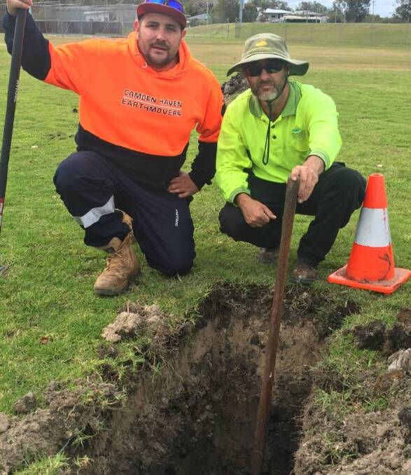Camden Haven District Sport & Recreation Management Committee member Jarryd Gaskin and council worker Matthew Goff. Photo: Chan Ansell. 