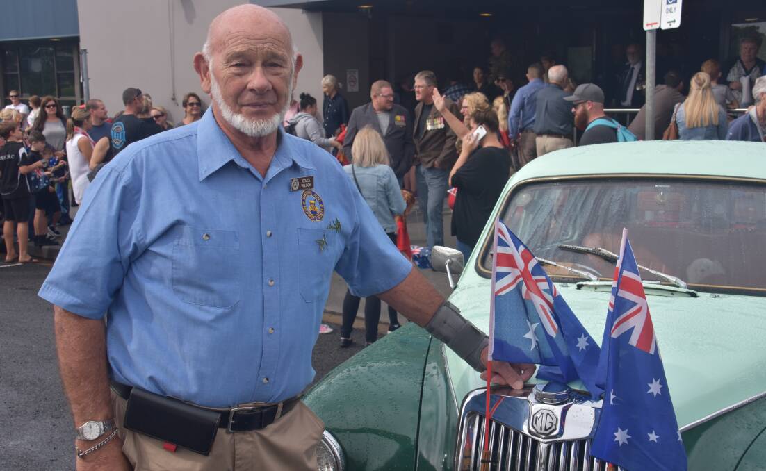 Hastings Auto Restorers Society member Bruce Wilson at the Laurieton Anzac Day march on April 25, 2018. 