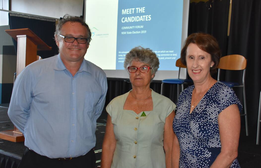 Prepared: Labor candidate Peter Alley, Greens candidate Drusi Megget and Nationals MP for Port Macquarie Leslie Williams were at the Meet the Candidates event in Laurieton on March 11. 