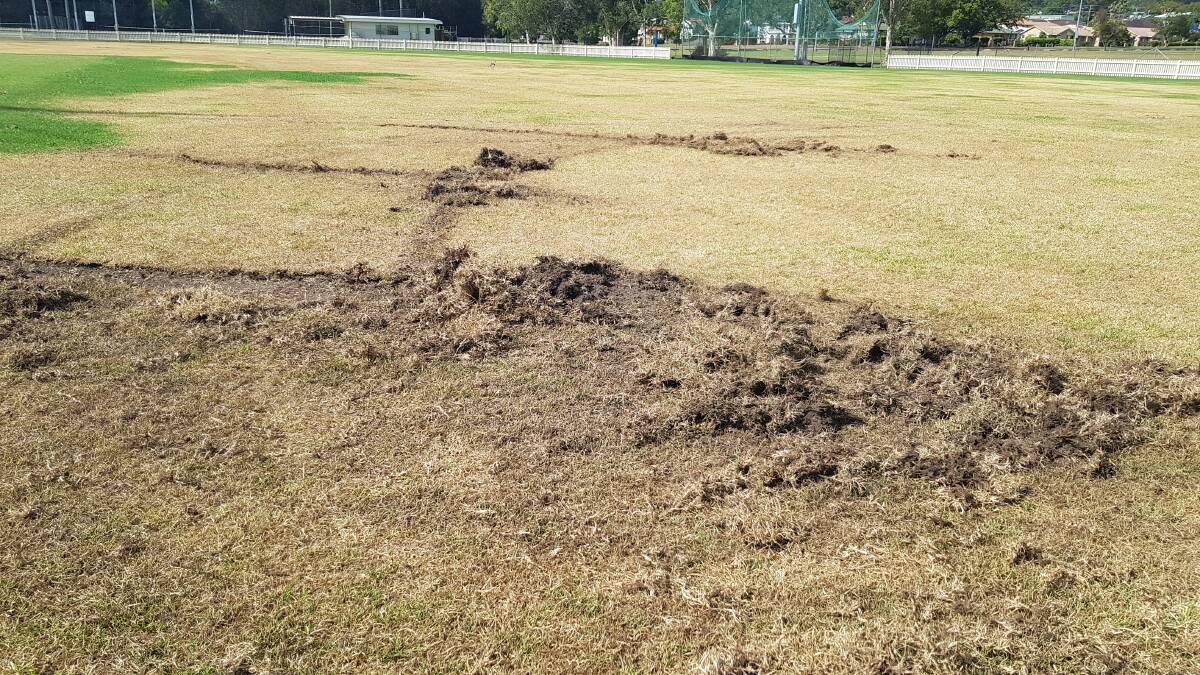 Damage at the cricket pitch, Laurieton Oval. Photo: Terence Mulligan. 