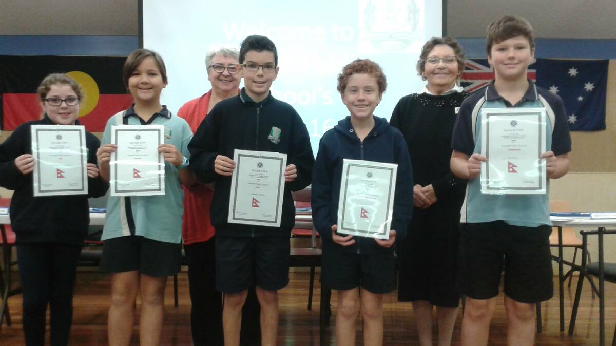 Well done: Kendall Public School students Jennifer McLachlan, Aliya Chin, Charlie O'Brien, Colby Wilkinson, Jack Doyle with Kendall CWA members.



 
Second photo is Year 6
Harry Stewart, Erin Kendell, Libby Hallett, Karly Dinh, absent Bailey Barlett
