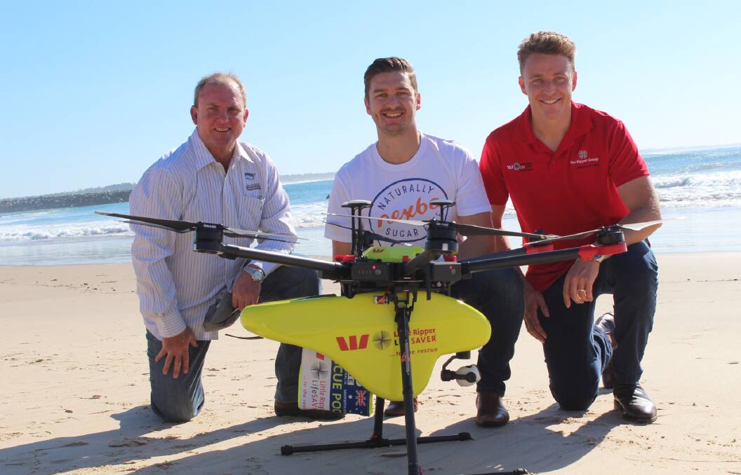 New technology: Surf Life Saving Mid North Coast branch president Rod McDonagh, Drew Bilbe from Nexba and Jason Young from Westpac Little Ripper.