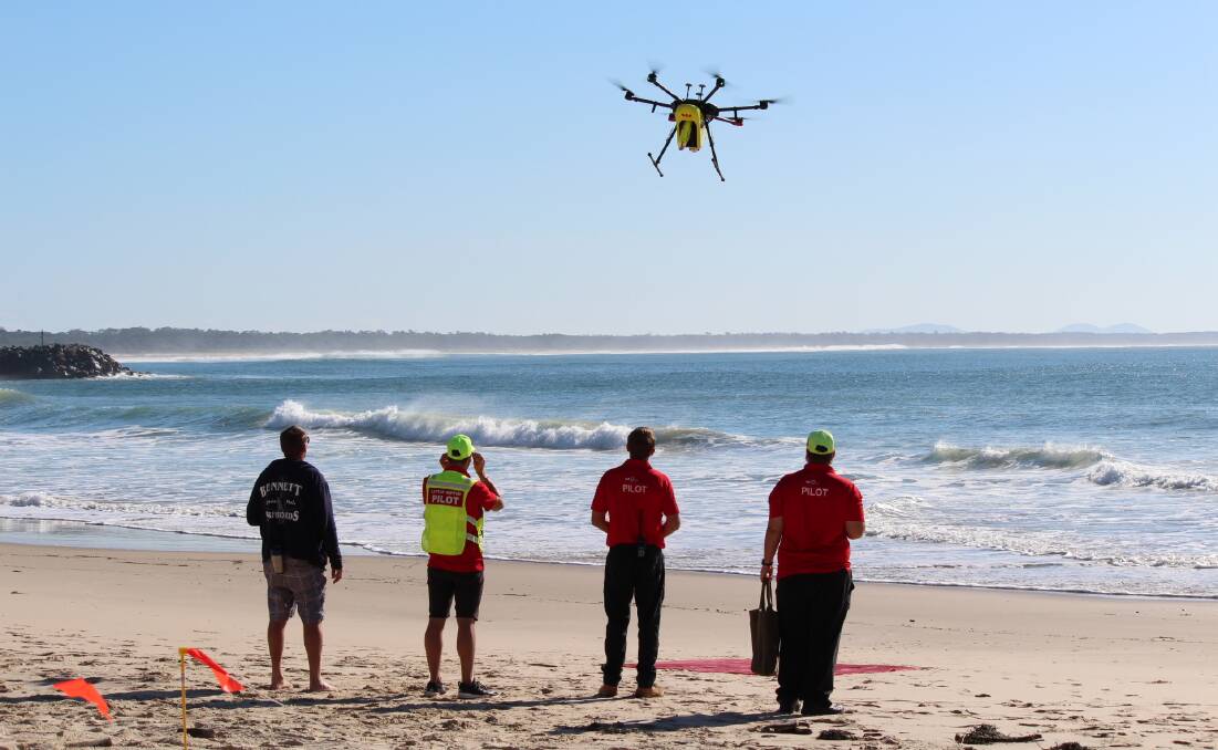 Take off: The Westpac Little Ripper drone is launched on Town Beach.