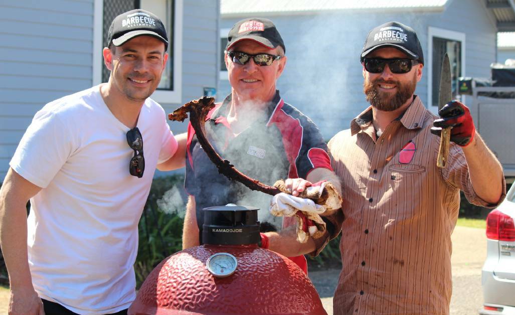Sizzling: Barbecues Galore CEO Luke Naish, Port Macquarie's Barbecues Galore owner Mark Lyons and barbecue king Eric Gephart at the barbecue wars in 2017.