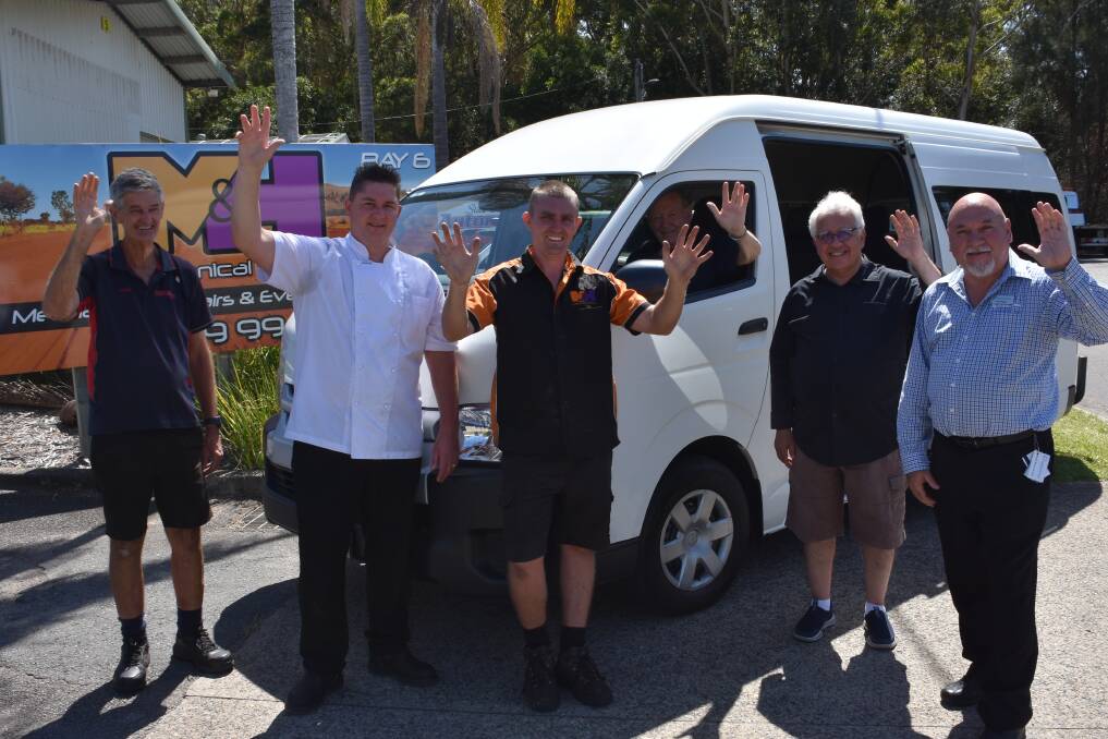 UNITED FRONT: Peter Poole,Brendon Lynch, Mathew Guffogg, Felix La Spina, Peter Negus and Theo Hazelgrove with the new van for Community at 3.