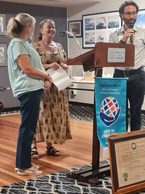Janette Atkinson and Karen Sparkes introduced by Rotary president Nick Hafey. Photo: Supplied.