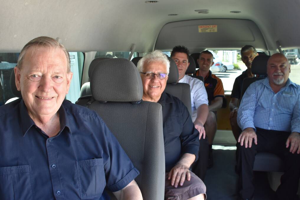ALL ON BOARD: Peter Poole,Brendon Lynch, Mathew Guffogg, Felix La Spina, Peter Negus and Theo Hazelgrove (far left) in the new van for Community at 3.
