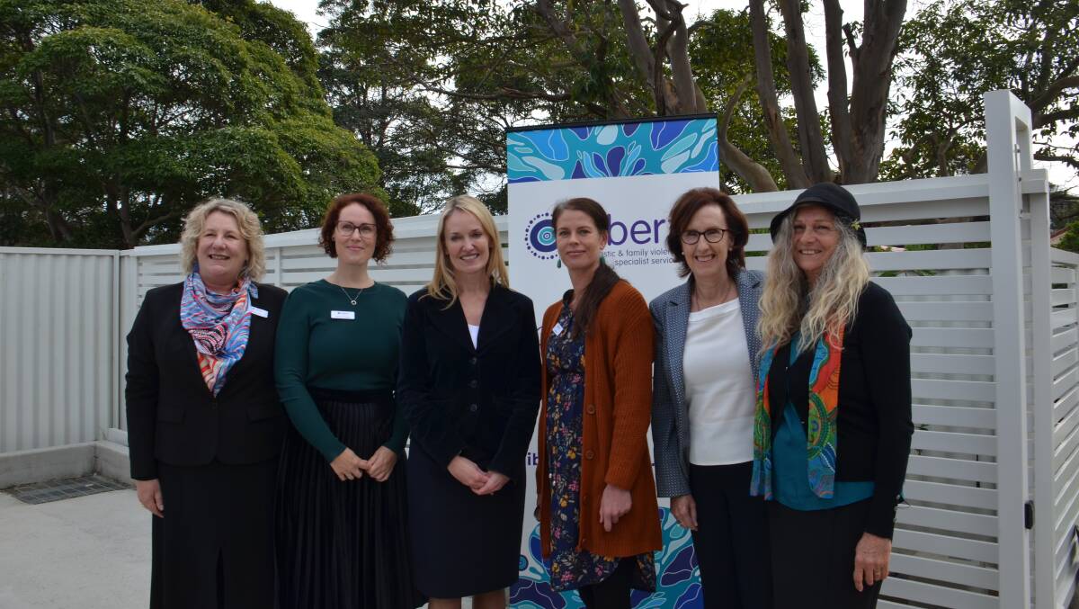 CEO of Liberty Kelly Lamb, Liberty caseworker Brooke Maggs, Minister for Women's Safety and the Prevention of Domestic and Sexual Violence Natalie Ward, Liberty caseworker Mel Eadie, Member for Port Macquarie Leslie Williams and Aunty Rhonda Radley. Photo: Ruby Pascoe