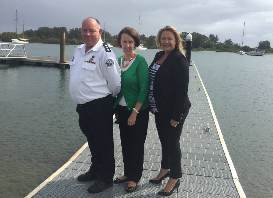 Funding win: Marine Rescue Port Macquarie's Greg Davies, Port Macquarie MP Leslie Williams and mayor Peta Pinson support better boating infrastructure.