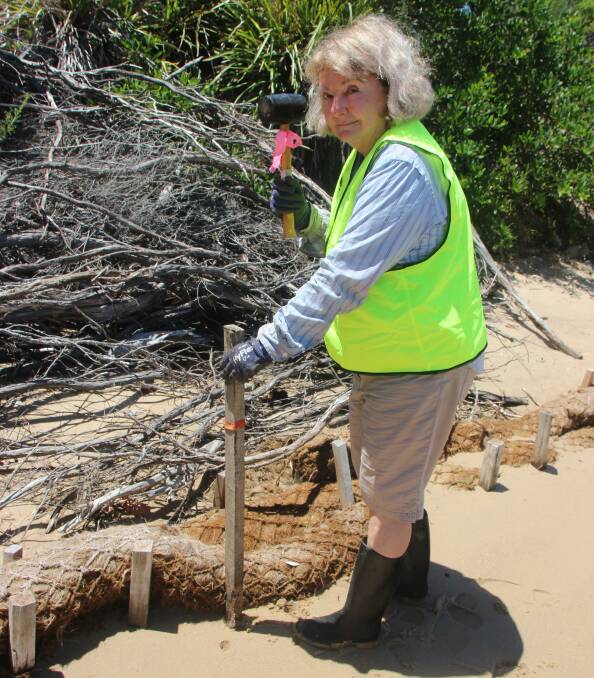  Sue Baker at work on the Gogley's Lagoon erosion control project. Photo: Supplied