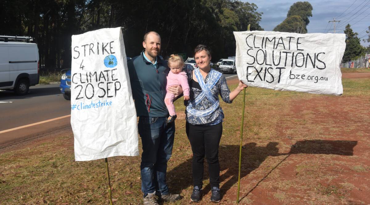Important message: Jake Wadsworth and Rachel Sheppard, with their daughter Lilith, promote the Global Climate Strike and the need for climate action.