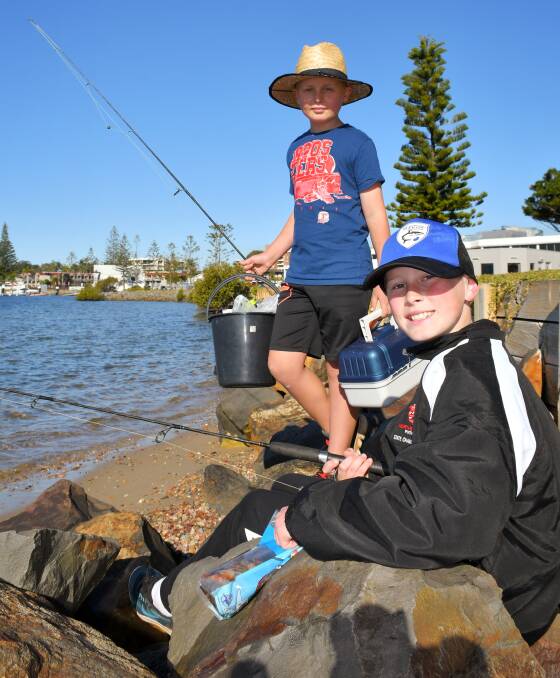 Popular spot: Finn Oxley and Jett Hanson fish at Westport Park. The Westport Park upgrade is due for completion by November, weather permitting. Photo: Ivan Sajko