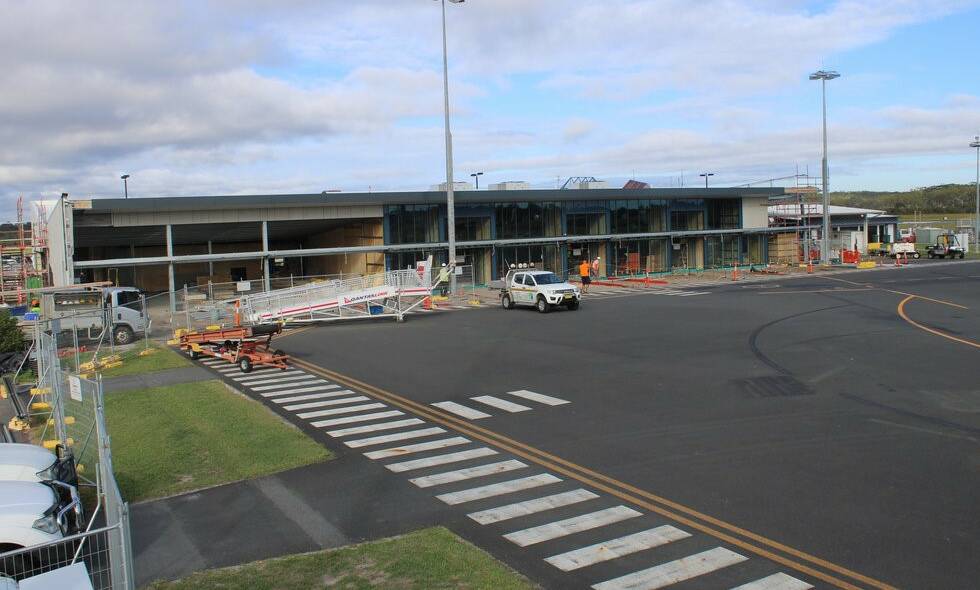 Work progressing: The expanded airport terminal building, when complete, will offer an improved airport experience. Photo: Port Macquarie-Hastings Council
