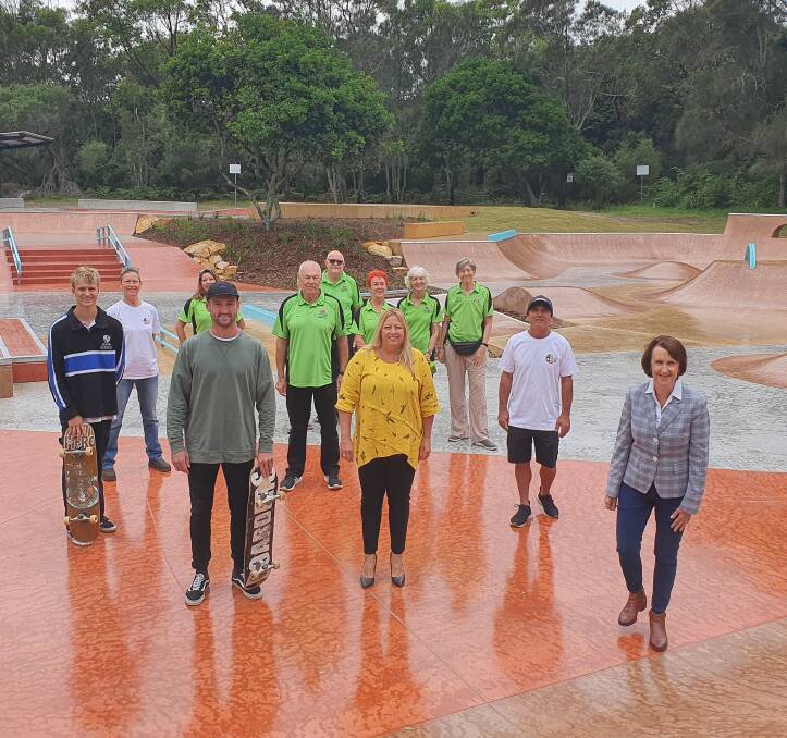 Milestone moment: Skateboarders Nelson Gregory and Angus Maxwell, mayor Peta Pinson, Lake Cathie Skate and Recreation Park president Mick Fullbrook and Port Macquarie MP Leslie Williams are among those at the Lake Cathie skate park's official opening.