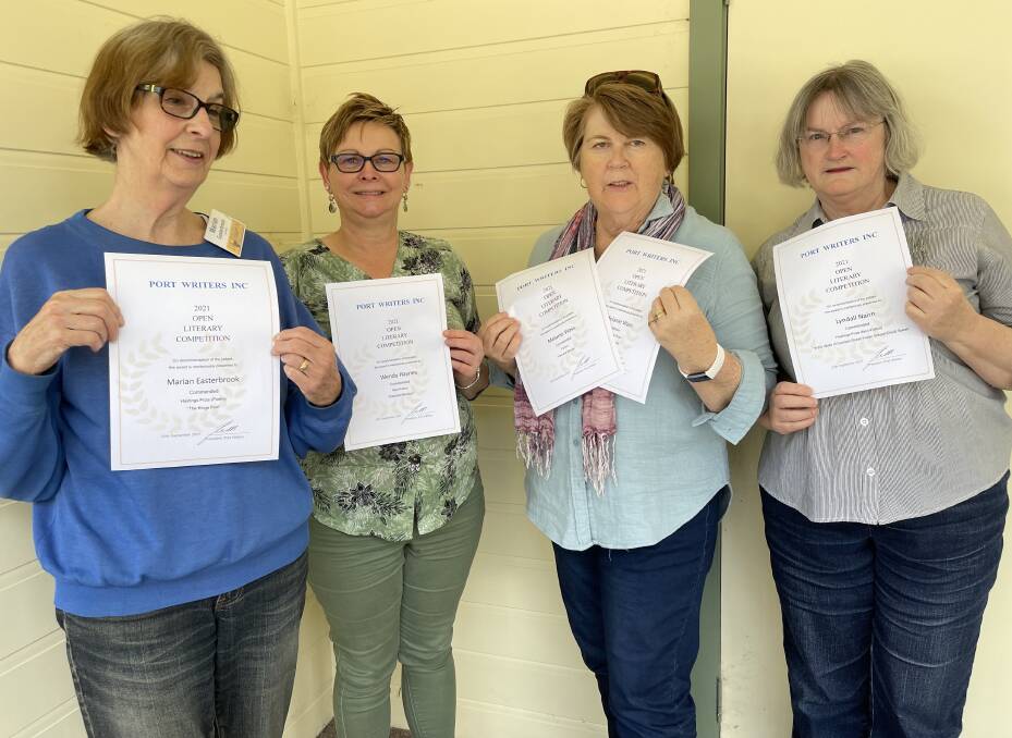 Port Writers members Marian Easterbrook, Wendy Haynes, Melanie Wass and Lyndall Nairn receive awards for their entries in the 2021 Port Writers Open Writing Competition. Photo: Port Writers