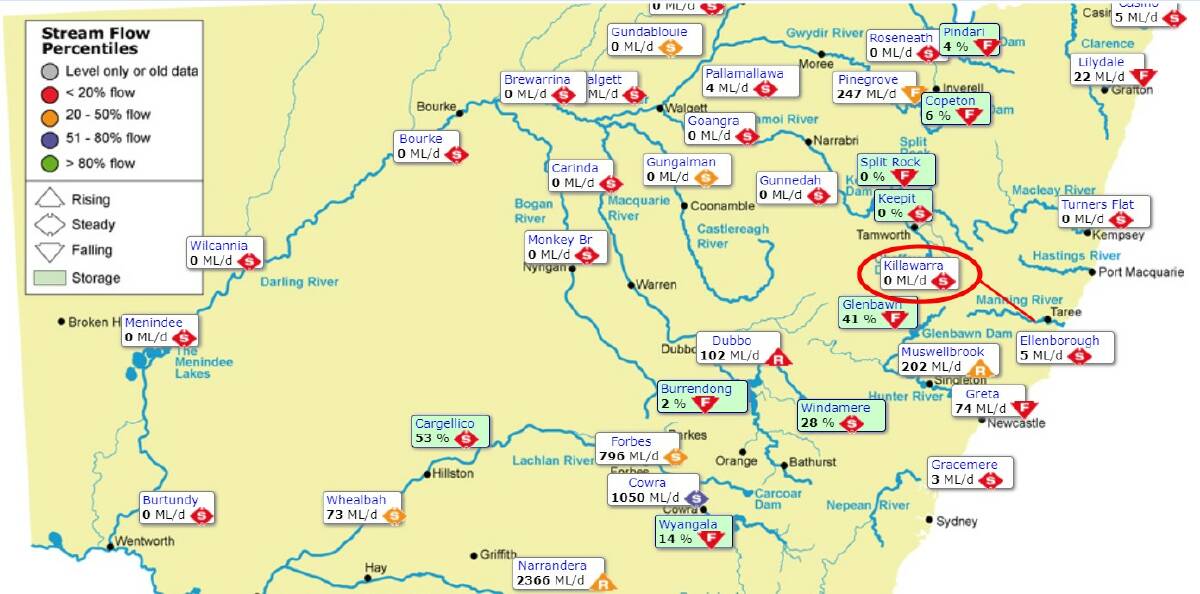 Map showing zero flow on Manning River at Killawarra. Source WaterNSW