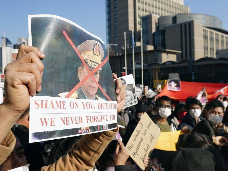 Pro-democracy protesters have rallied in Tokyo and elsewhere to condemn Myanmar's military coup.