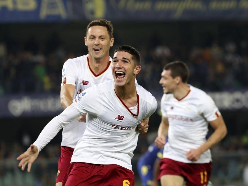 Sydneysider Cristian Volpato celebrates putting Roma ahead in their 3-1 Serie A win against Verona. (AP PHOTO)