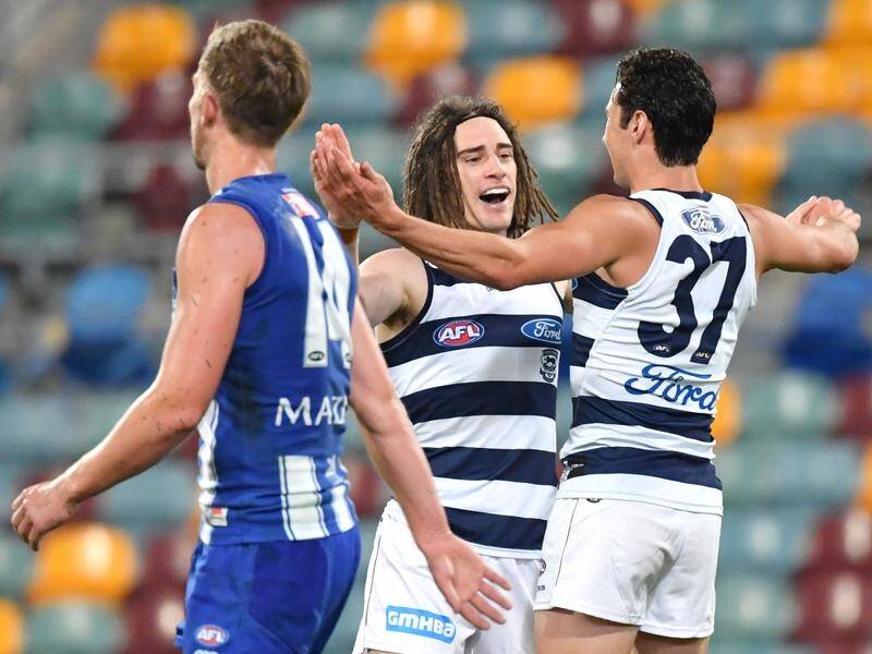 Geelong's Gryan Miers booted four goals in their AFL win over North Melbourne at the Gabba.