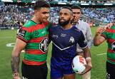 Latrell Mitchell and Josh Addo-Carr embrace after South Sydney's Good Friday win over Canterbury. (Mark Evans/AAP PHOTOS)