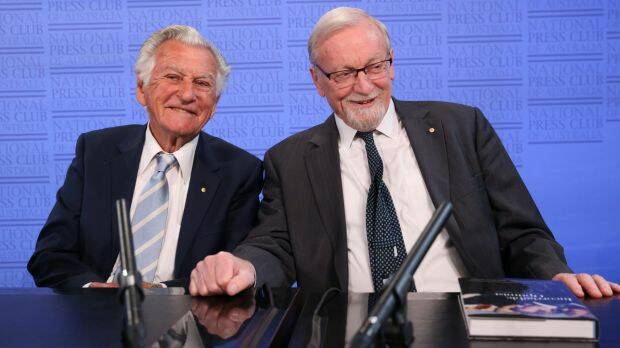 Former prime minister Bob Hawke launched the biography of former foreign minister Gareth Evans at the National Press Club on Wednesday. Photo: Andrew Meares
