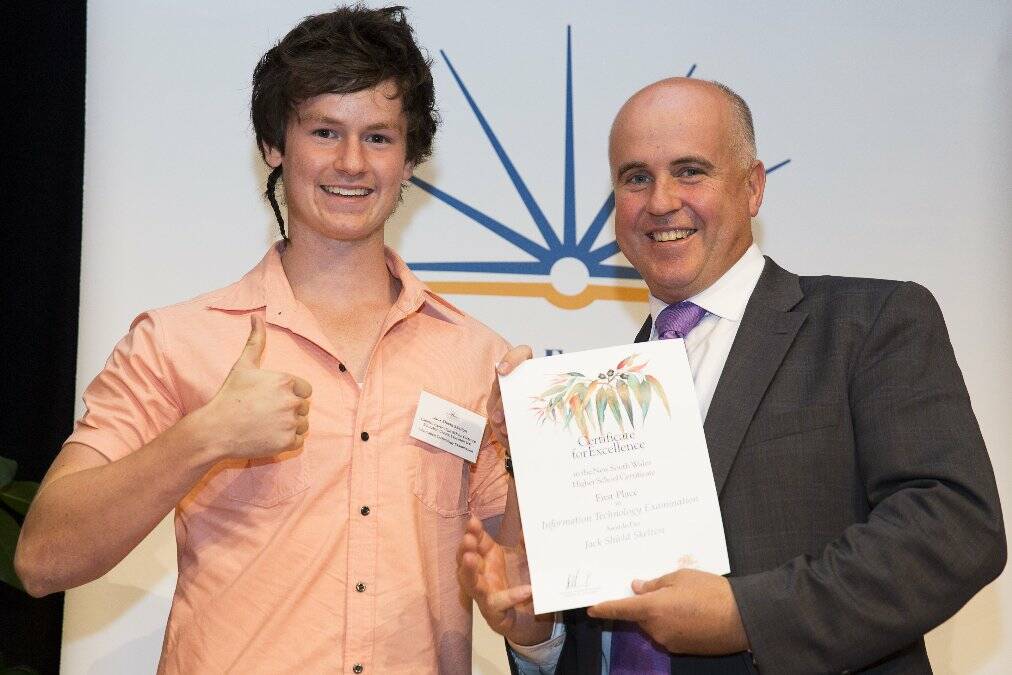 The best: Jack Skelton presented with his First in Course award by NSW Education Minister Adrian Piccoli.